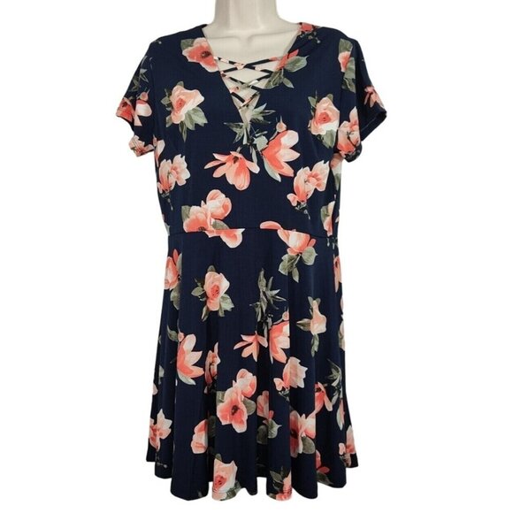 J for Justify Blue Floral A-line V-neck Dress Women Size XL Short Sleeve NEW - Picture 1 of 6